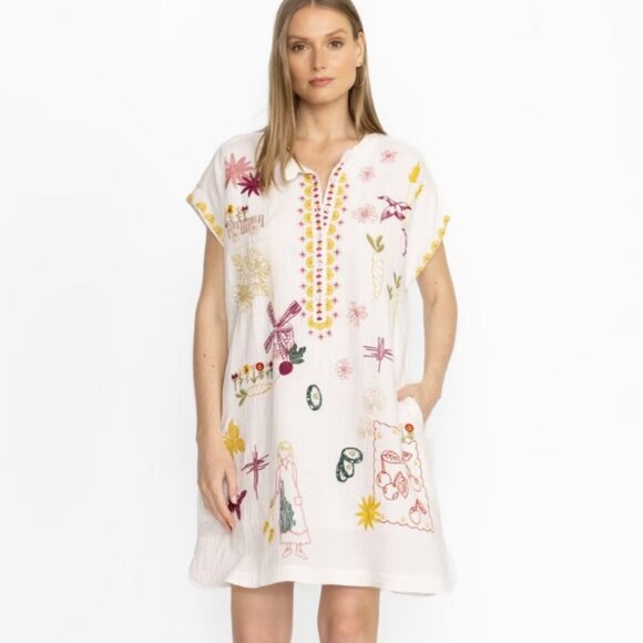 Johnny Was Biya Mishti Embroidered Lined Cotton Casual Dress with Pockets Small